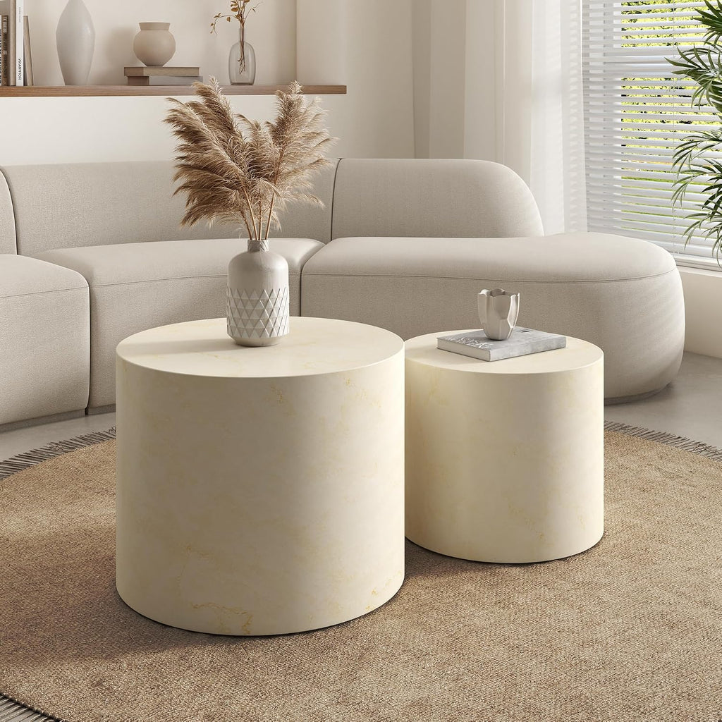 Nesting Round Coffee Table Set of 2, Accent End Table for Small Spaces, Morden Drum Side Table, Wooden Circle Center Table for Living Room, Fully Assembled - Faux Marble
