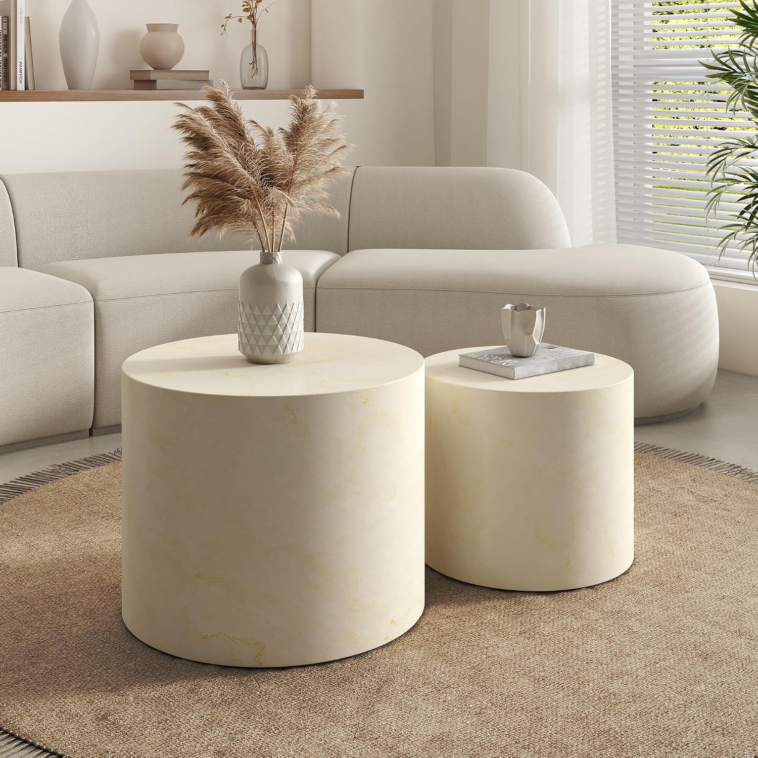 Nesting Round Coffee Table Set of 2, Accent End Table for Small Spaces, Morden Drum Side Table, Wooden Circle Center Table for Living Room, Fully Assembled - Faux Marble