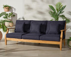 SAFAVIEH Couture Outdoor - Martinique 3-Seat Sofa - Natural & Navy - Teak Wood - Slatted Coastal Design - Ideal for Patio, Deck, Porch, Backyard, 18.3" Seat Height (CPT1013J)