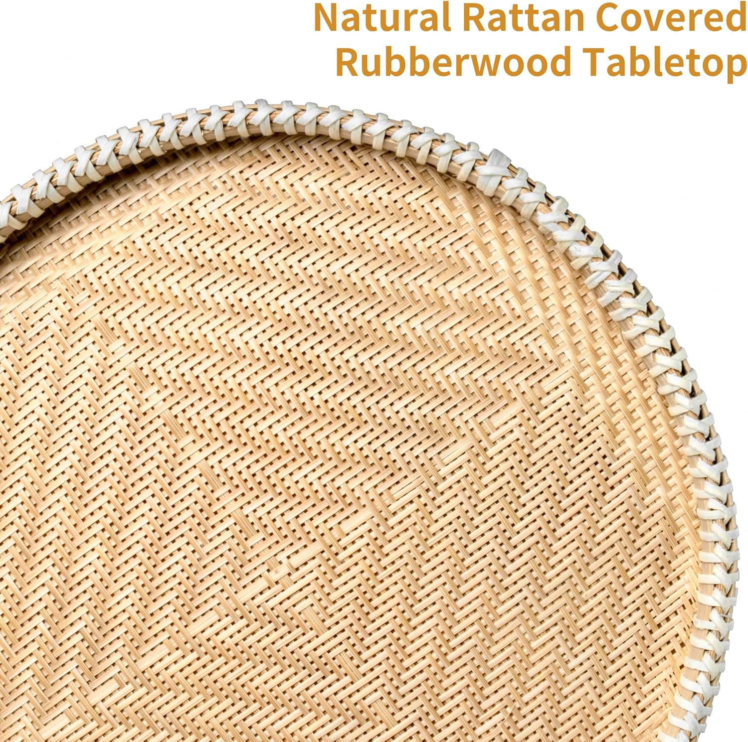 Rattan Round Side Table, Rubberwood‌ Small Drink Table for Small Spaces, Solid Wood Pedestal Coffee Tables, End Tables for Living Room, Sofa Couch, Bedroom, Corners, and Outdoor (Natural)