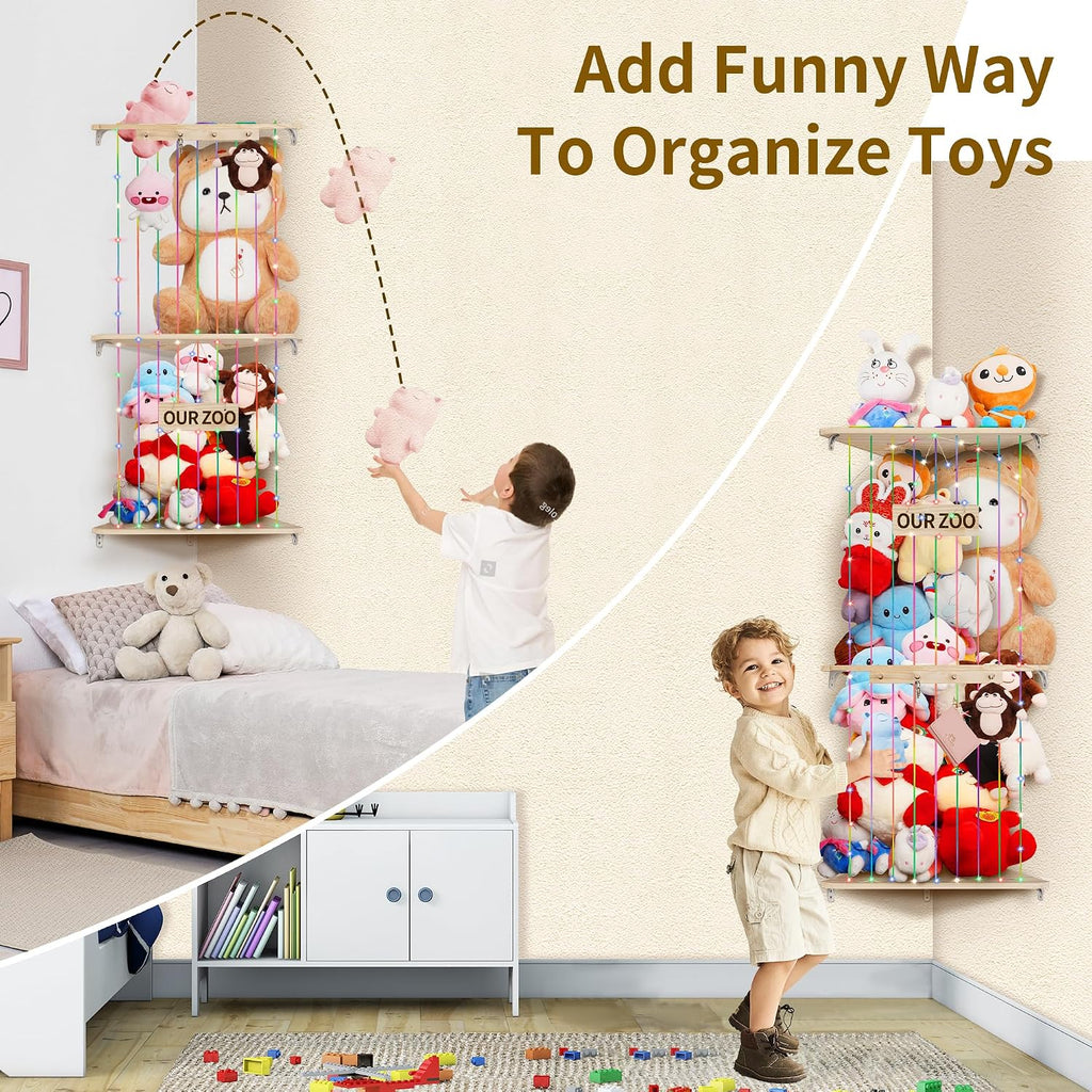 Corner Stuffed Animal Storage Toy Storage Organizer Stuffed Zoo Storage Wood Stuffed Toy Holder DIY Storage W/Star Pattern Hook Colorful Light Adjustable Double Layer Toys Storage for Nursery Bedroom