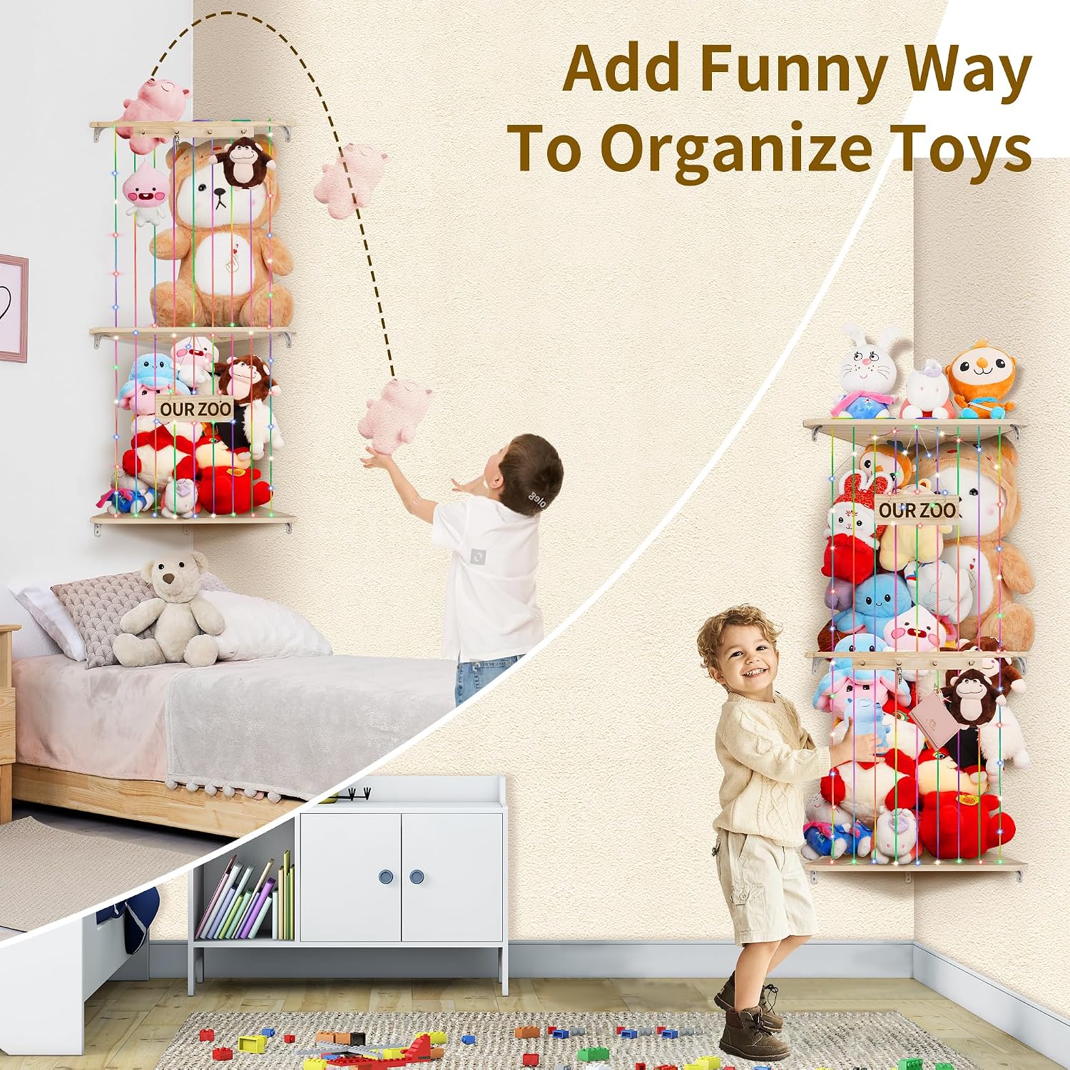 Corner Stuffed Animal Storage Toy Storage Organizer Stuffed Zoo Storage Wood Stuffed Toy Holder DIY Storage W/Star Pattern Hook Colorful Light Adjustable Double Layer Toys Storage for Nursery Bedroom