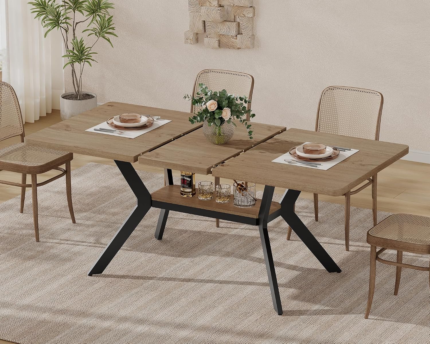MECHYIN Extendable Dining Table for 4-8, 55-71 in, Storage Shelf, Natural | Flip Leaf Stores Under Top, No-Gap Metal Connectors, Chairs Tuck Under Pedestal Base, Oak Wood-Grain Top, Fits Apartments