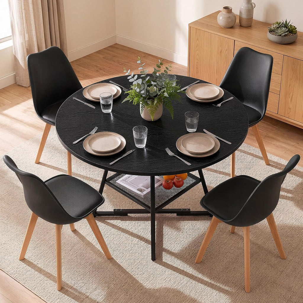 42in Round Dining Table Set for 4, Kitchen Table with Chairs | Circle Table, PU Leather Chair, Metal Cross Base, Storage Shelf, Breakfast Nook, Space-Saving, Apartment, Living Room, Black