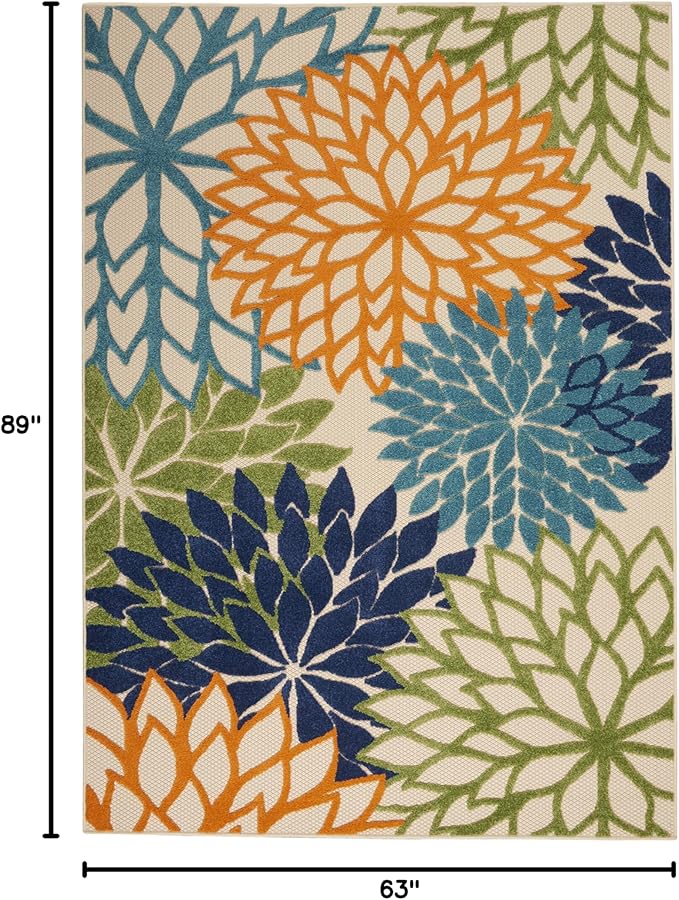 Nourison Aloha Indoor/Outdoor Multicolor 5'3" x 7'5" Area Rug, Tropical, Botanical, Easy Clean, Non Shedding, Bed Room, Living Room, Dining Room, Deck, Backyard, Patio (5x7)