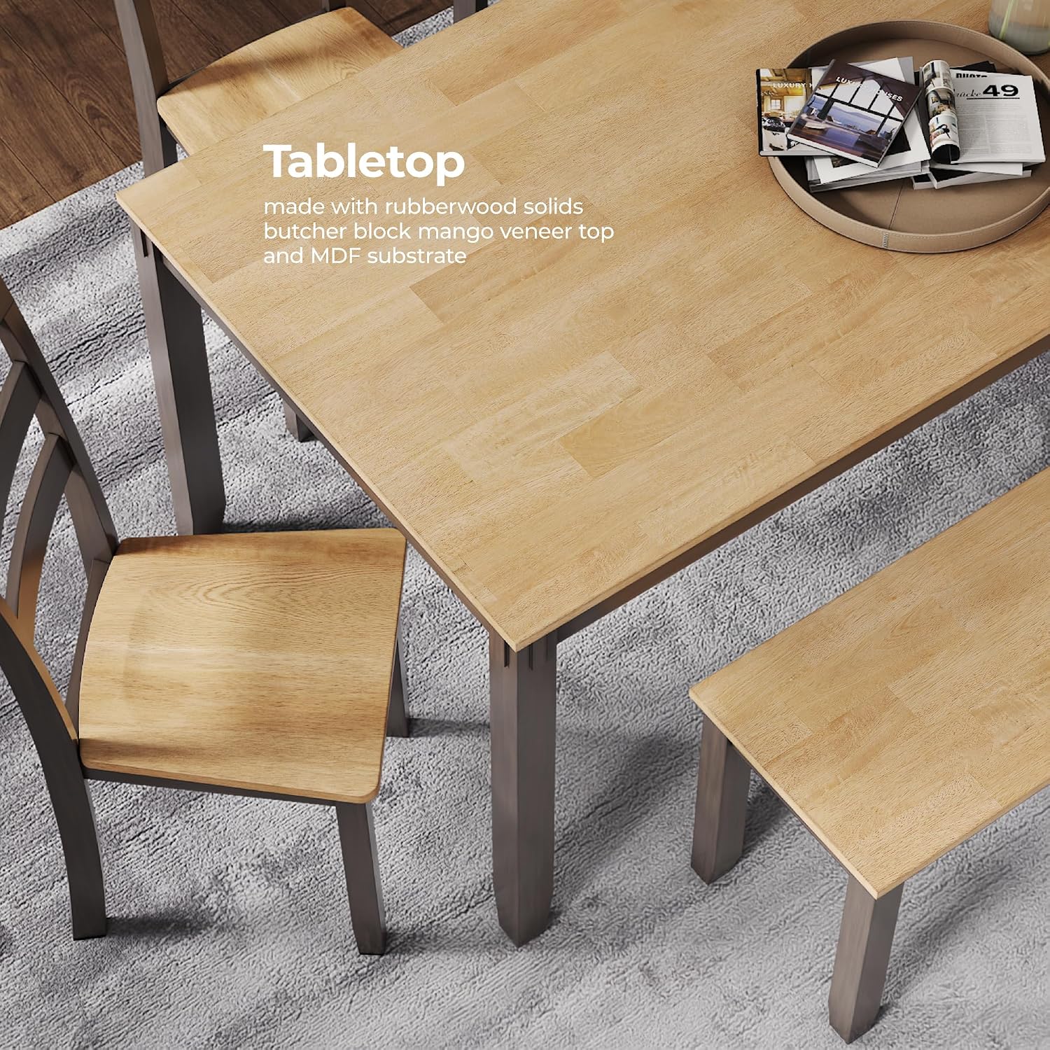 Signature Design by Ashley Gesthaven 6-Piece Dining Table Set with Bench | Two-tone casual style, Durable mango veneer top, Includes 4 ladderback chairs & 1 space-saving under-table bench