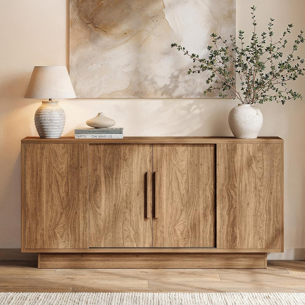 ModernMate 63'' Sideboard Buffet Cabinet with 4 Sliding Doors, Wood Credenza Storage Cabinet with Pedestal Base, Large Side Board with Adjustable Shelf for Living Room, Kitchen, Hallway, Walnut