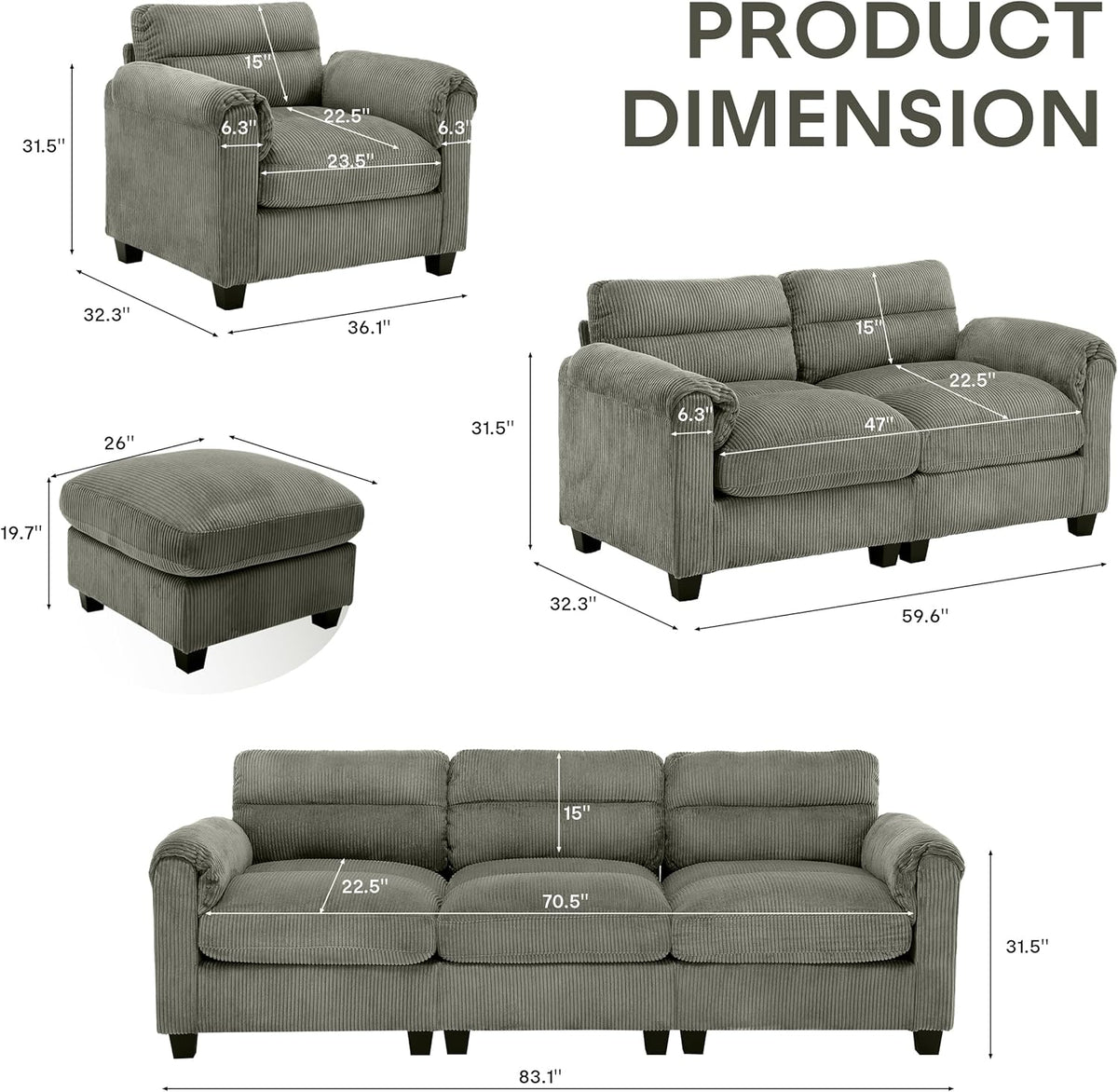 HAOMARKETS Corduroy Sofa Set, Upholstered Ottoman Footrest, Modern Living Room Furniture Sets,Green