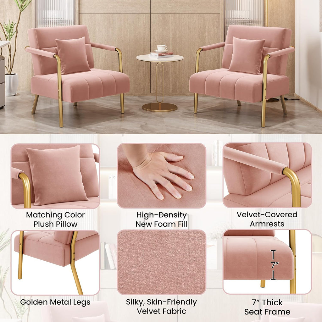 Yaheetech 30" Accent Chair Velvet Armchair with Golden Frame, Pink | Velvet Accent Chair Oversized Armchair Living Room Chair with Gold-Tone Metal Frame for Living Room, Home Office, Bedroom