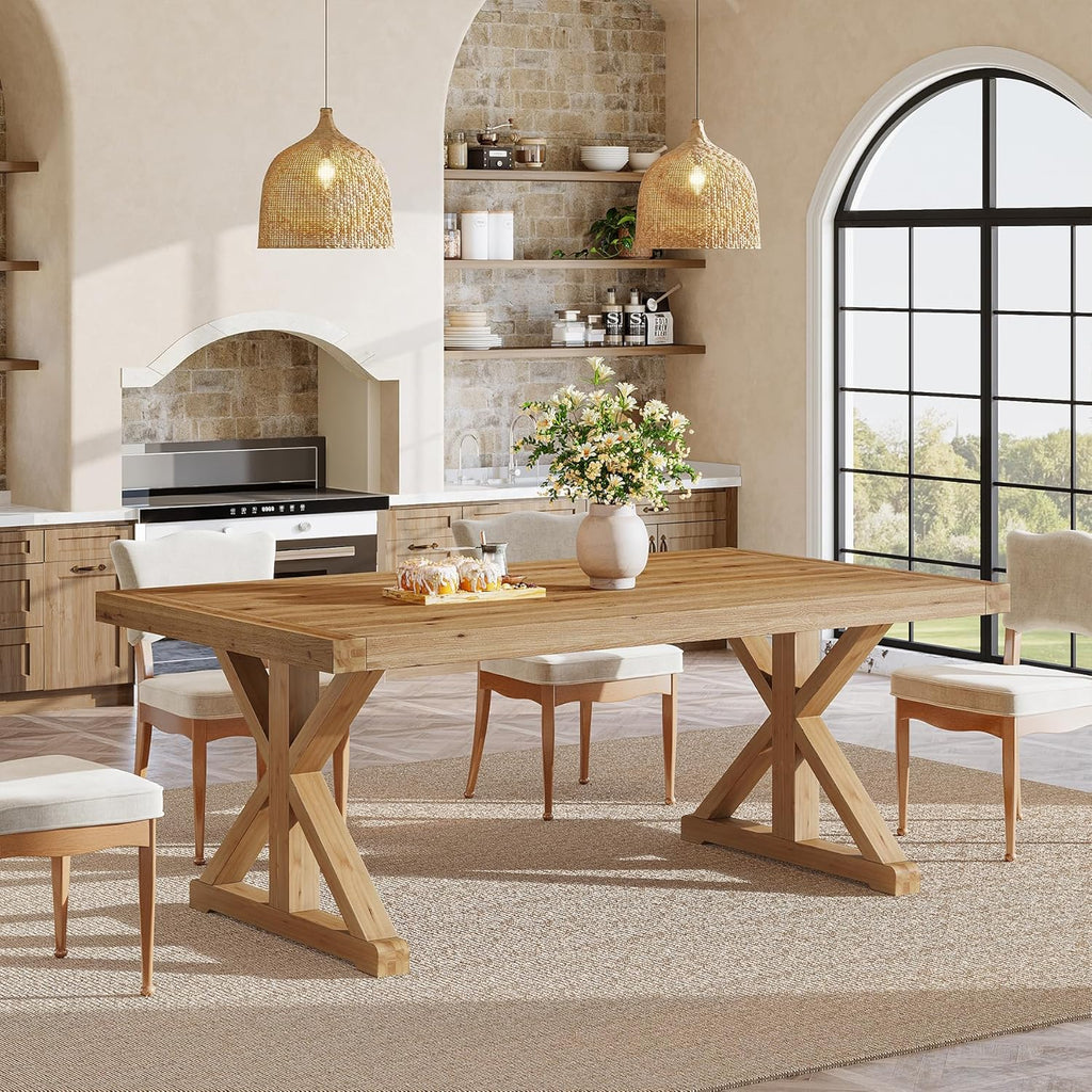 Solid Wood Dining Table for 4-6, 63-Inch Farmhouse Kitchen Table with Sturdy Legs, Wooden Rectangular Dinner Furniture for Kitchen, Dining Room, Light Brown