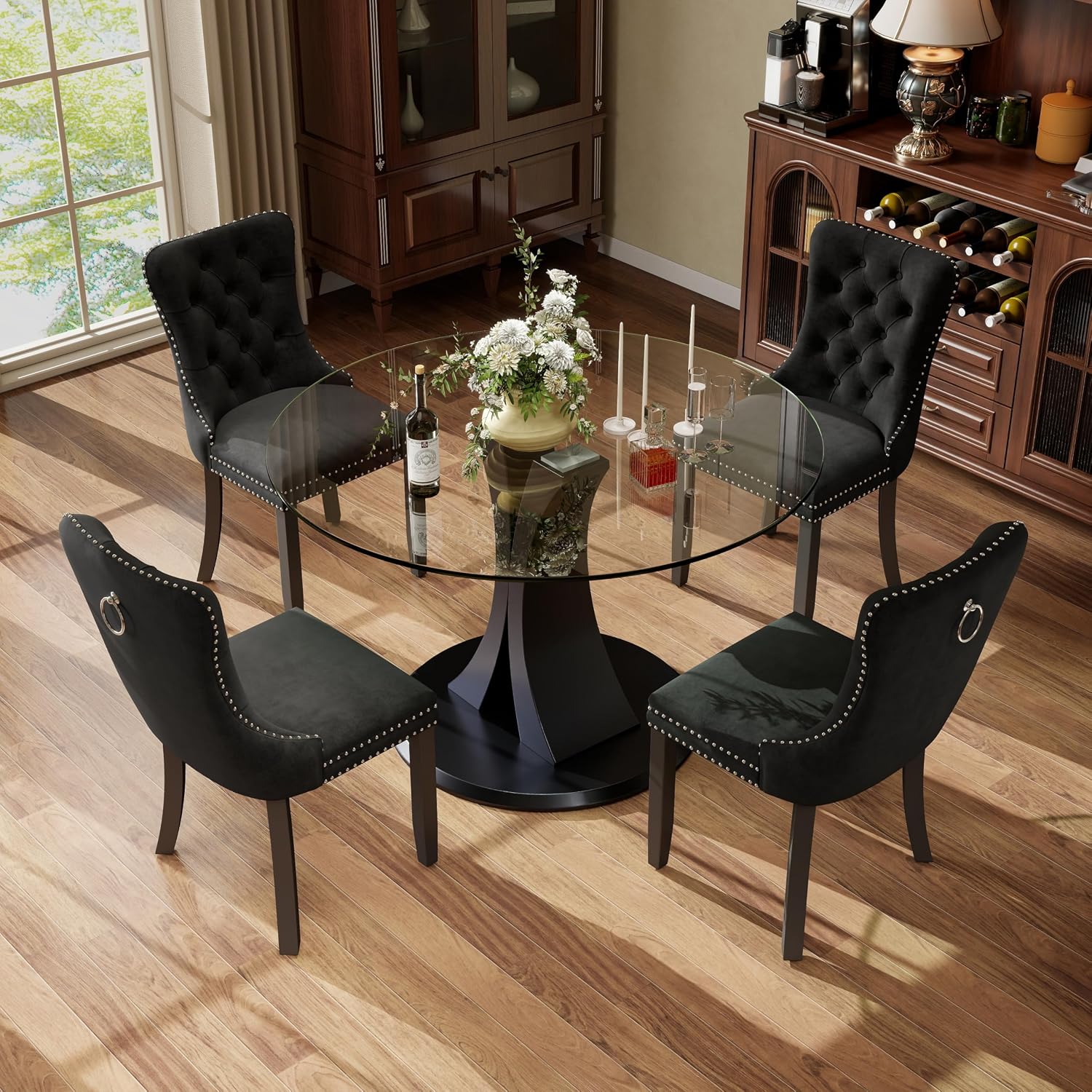 5-Piece Dining Table Set with 39In Tempered Glass Table and 4 Velvet Upholstered Chairs, Modern Scandinavian Furniture for Dining Room Kitchen(Black)