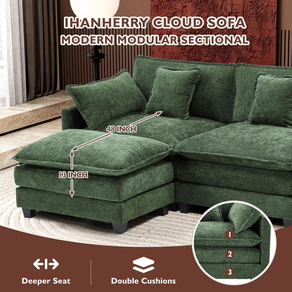 Ihanherry 111.4" L Shaped Modern Sofa Modular Sectional Cloud Couch with Ottoman, 4-Seat Chenille Deep Seat Sofa with Pillow for Living Room, Bedroom and Apartment, Green