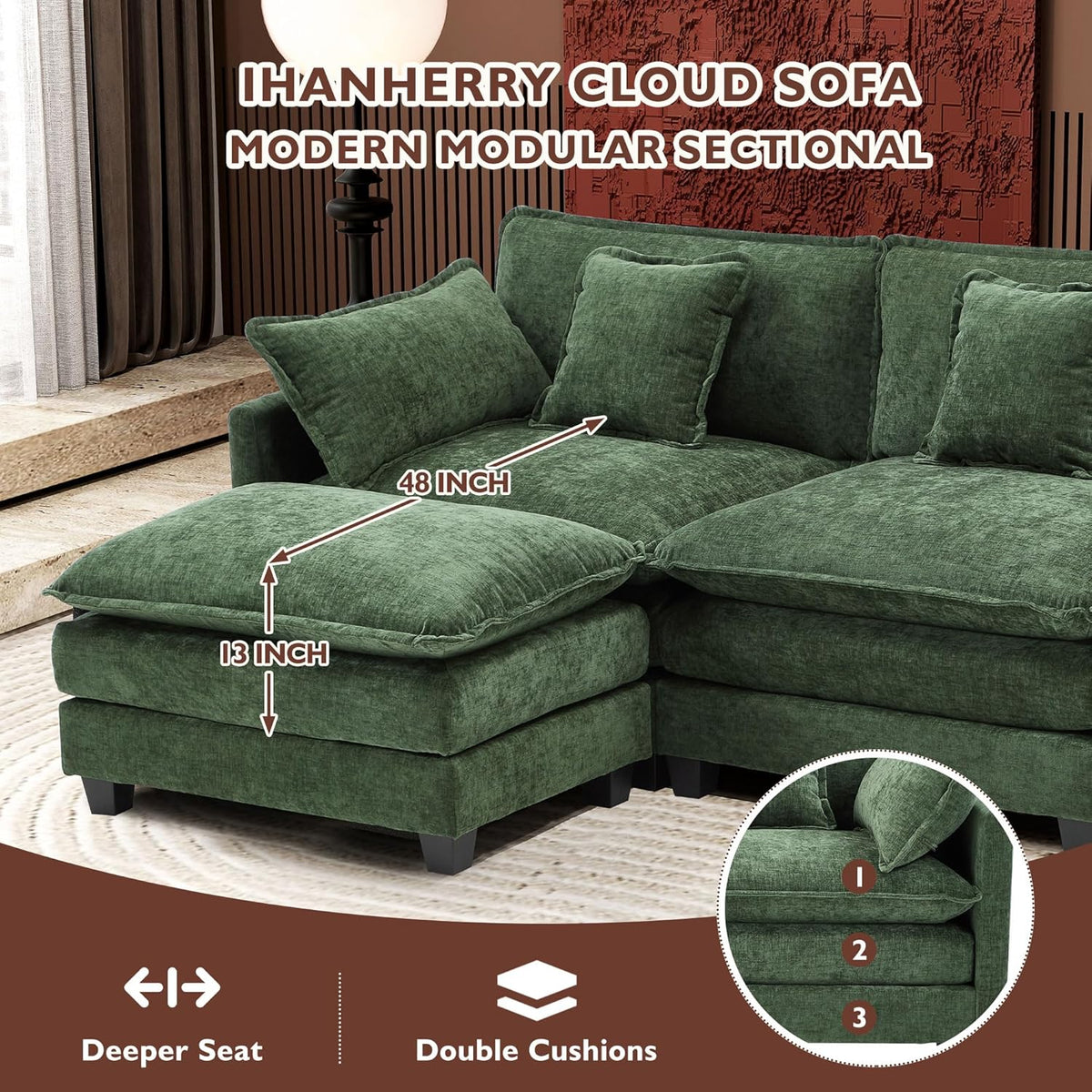 Ihanherry 111.4" L Shaped Modern Sofa Modular Sectional Cloud Couch with Ottoman, 4-Seat Chenille Deep Seat Sofa with Pillow for Living Room, Bedroom and Apartment, Green