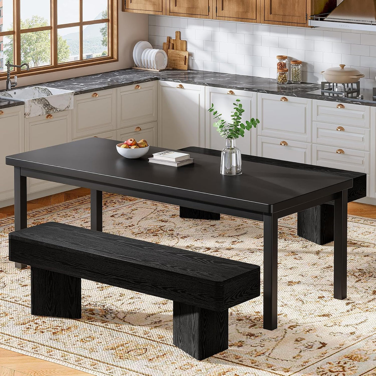 Tribesigns 47.24" Dining Bench, Modern Black Dining Table Bench with Sturdy Base, Wooden Kitchen Seating for Living Room, Entryway