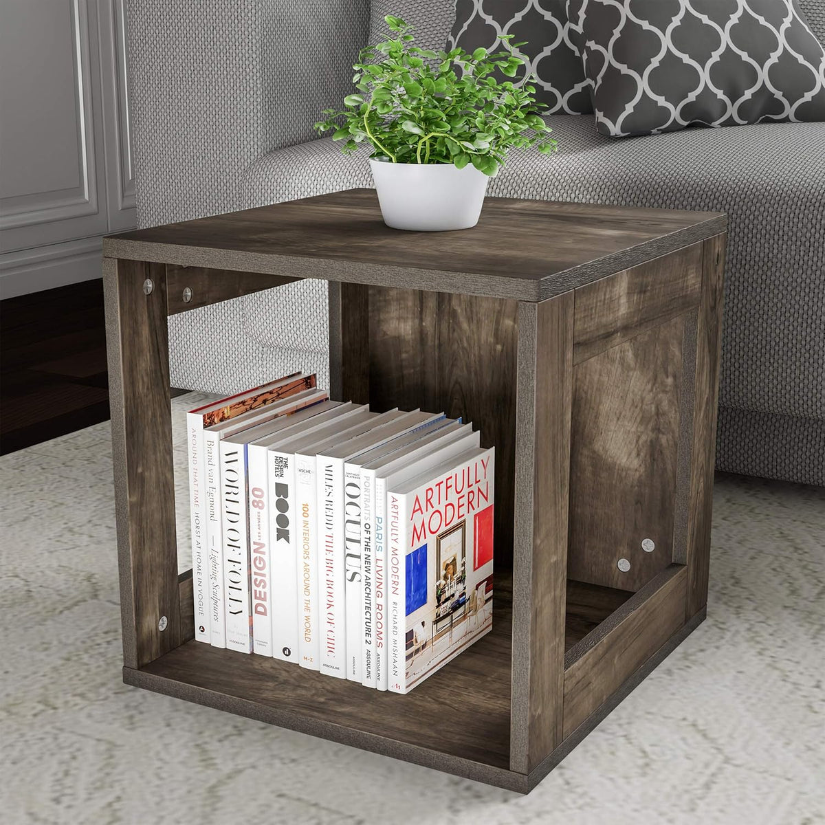 Lavish Home Side Table with Storage - Set of 2 Minimalist Modern Nightstand or End Table with Open Sides - Stackable Modular Accent Table for Bedroom, Living Room, or Office (Gray Woodgrain)