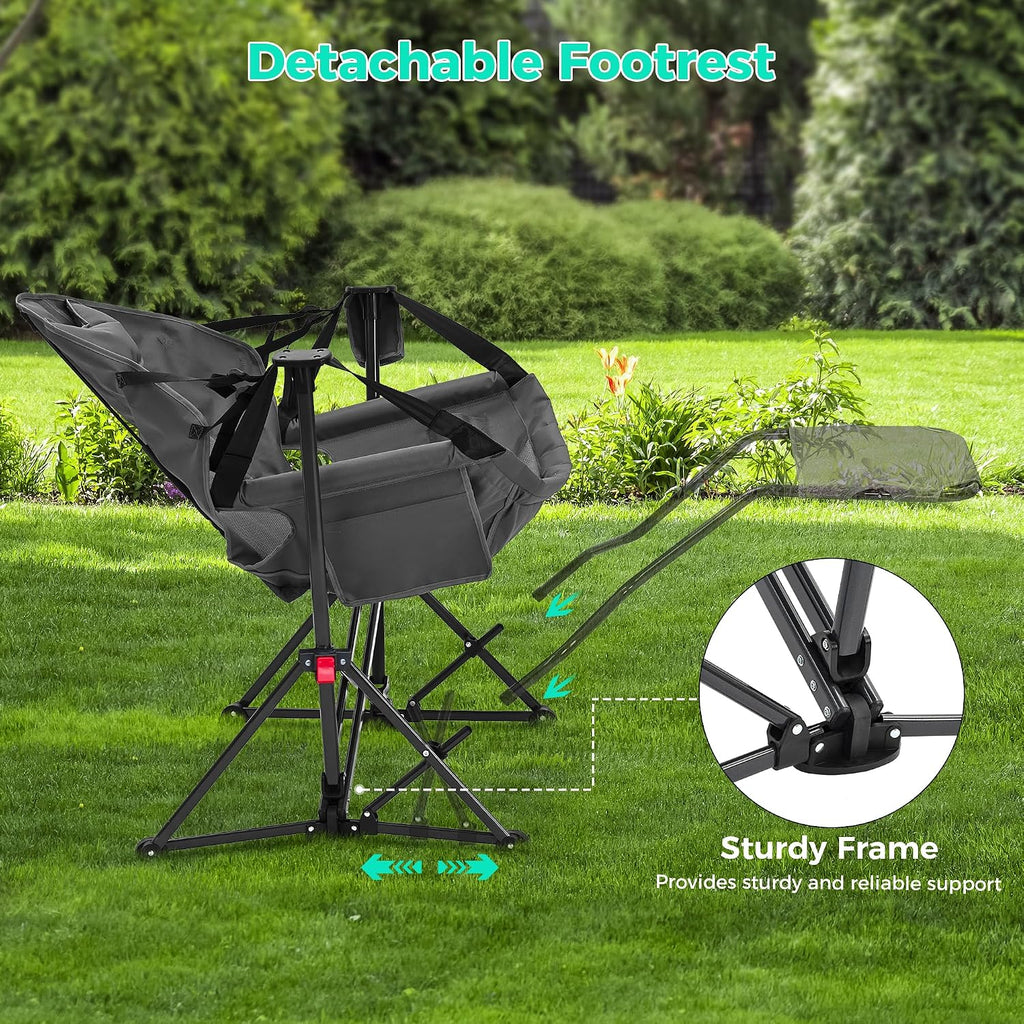 Ainfox Hammock Camping Chair with Footrest, Foldable Portable Rocking Chairs for Adults Outside Swinging Camp with Cup Holder Pillow for Outdoor Patio Poolside (Dark Grey)
