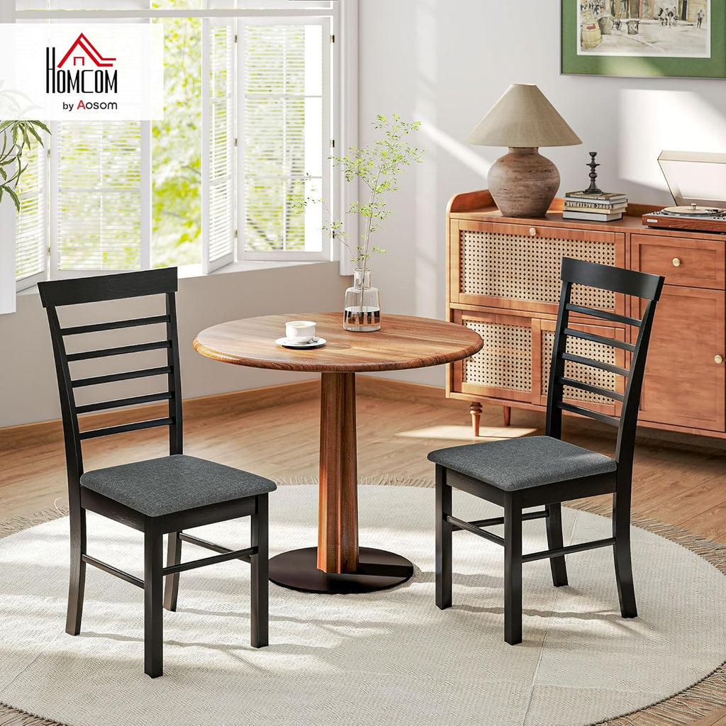 HOMCOM Wooden Dining Chairs Set of 2, Farmhouse Upholstered Kitchen Chairs with Rubber Wood Frame for Living Room, Dining Room, Black and Gray