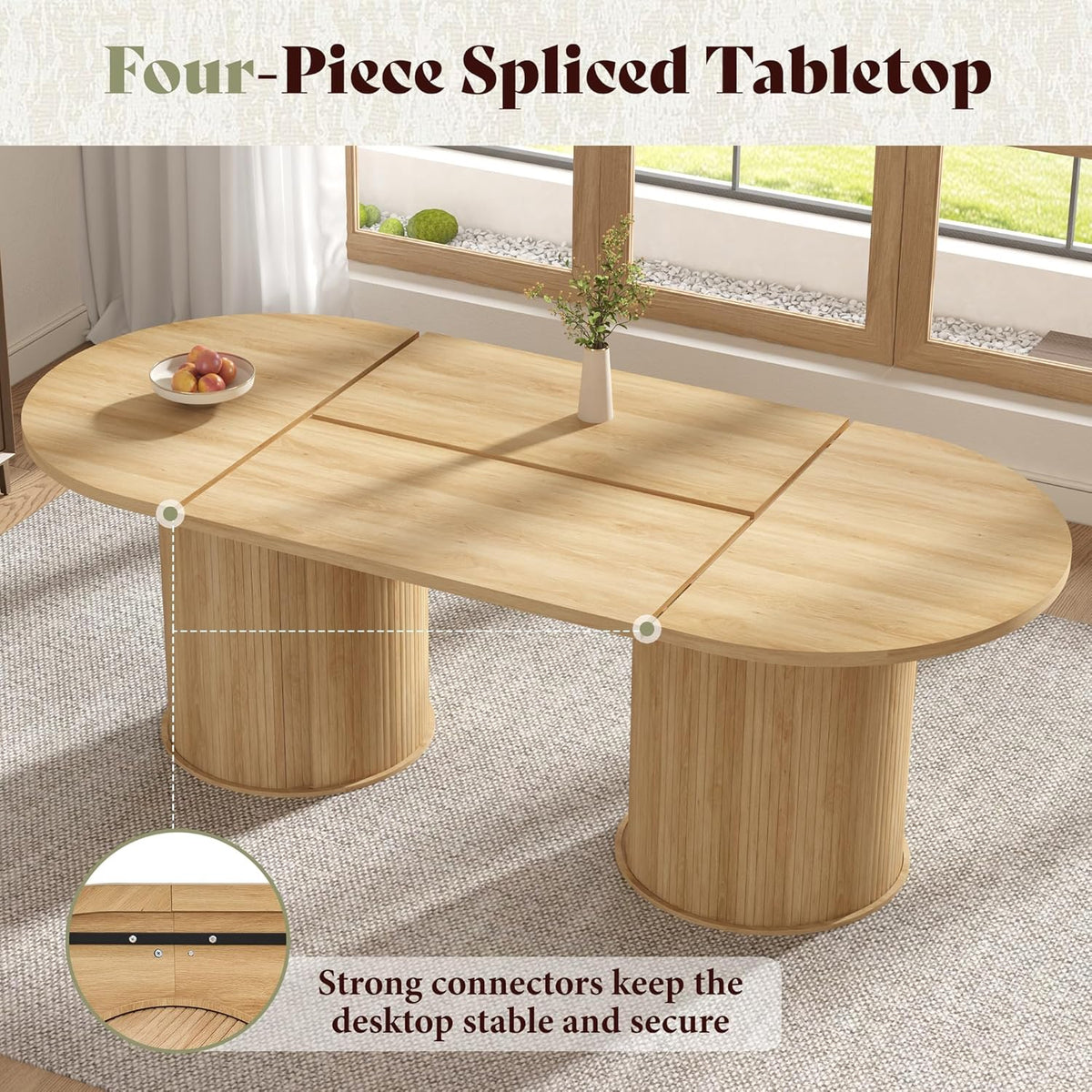 AMERLIFE 86.6" Modern Oval Dining Table with Hidden Storage, Extra Long Wooden Dining Room Table with Cylindrical Fluted Base, Seats 6-8, Natural Wood