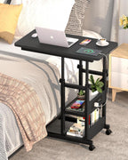 Armocity C Shaped End Table Height Adjustable - Couch Side Table with Charging Station, TV Tray with Wheels Slide Under Sofa for Small Spaces, Living Room Bedroom, Black