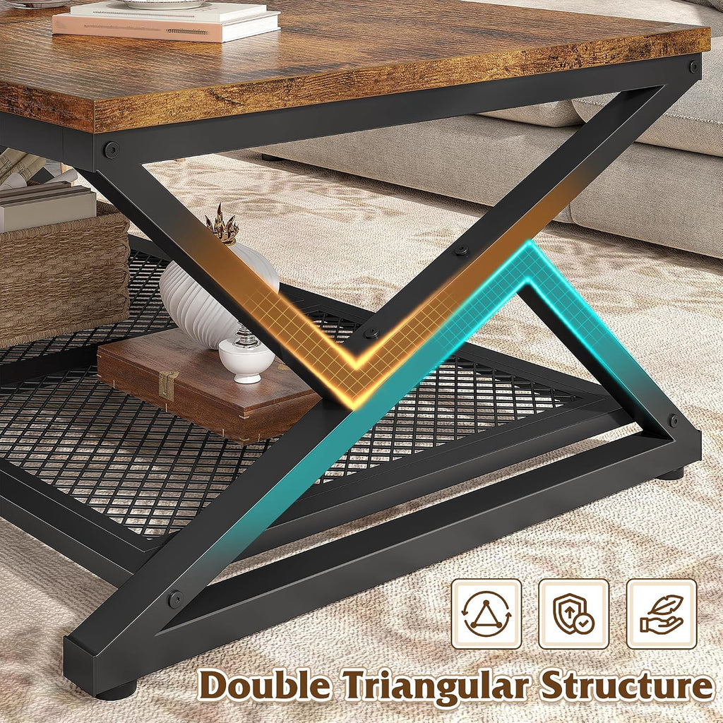 EnHomee Coffee Table with Storage & Shelf for Living Room, Rustic Brown
