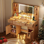 Fluted Vanity Desk with 30.2" Mirror and Lights, Glass Top Makeup Vanity with Desktop Light Strips, 5 Drawers, 2 Cabinet & 6 Open Shelves, Power Outlet, Lighting Adjustable,Natural