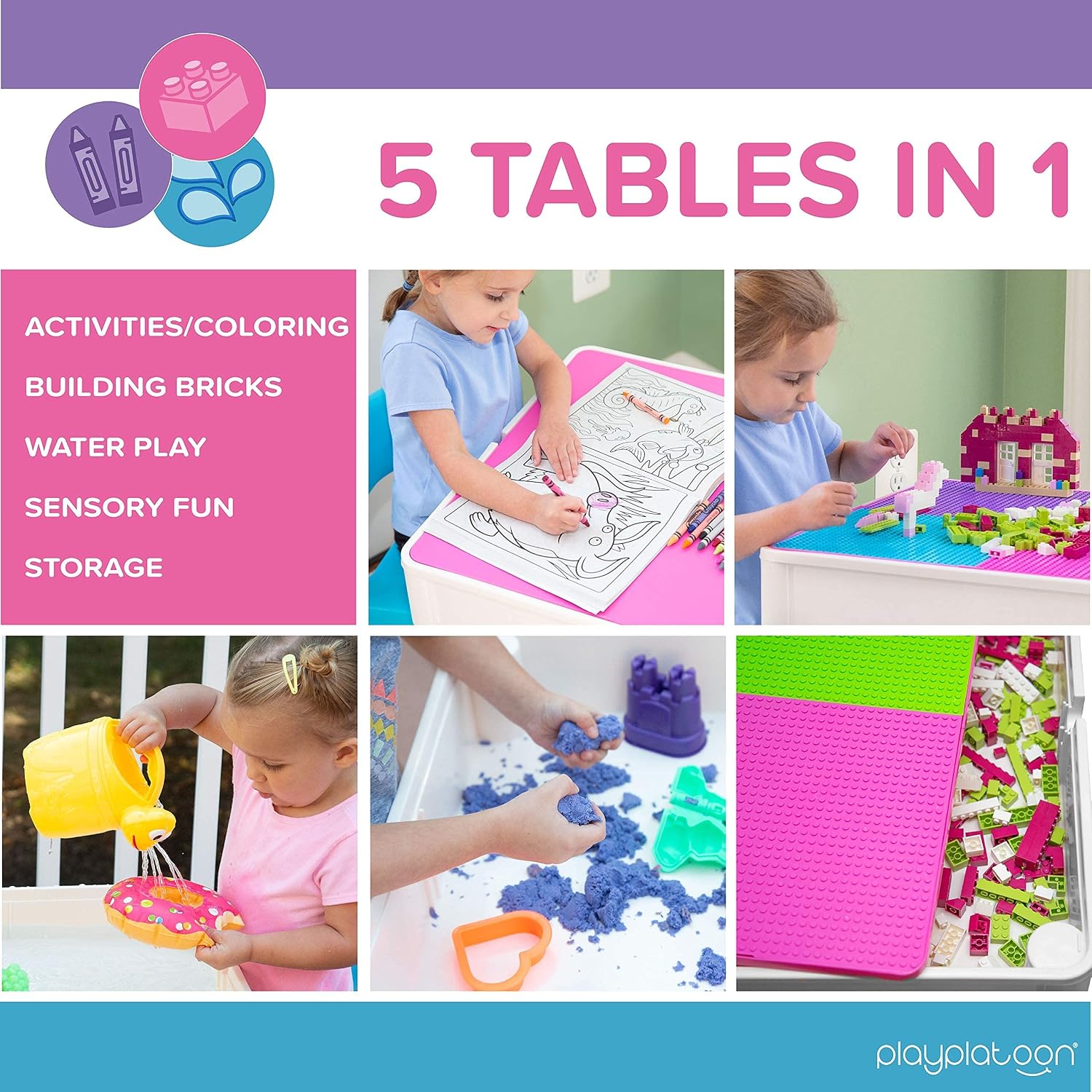 Play Platoon Kids Activity Table Set, Pastel, Building Brick Table | 2 Chairs & Jumbo Bricks Included, Compatible with All Major Brands