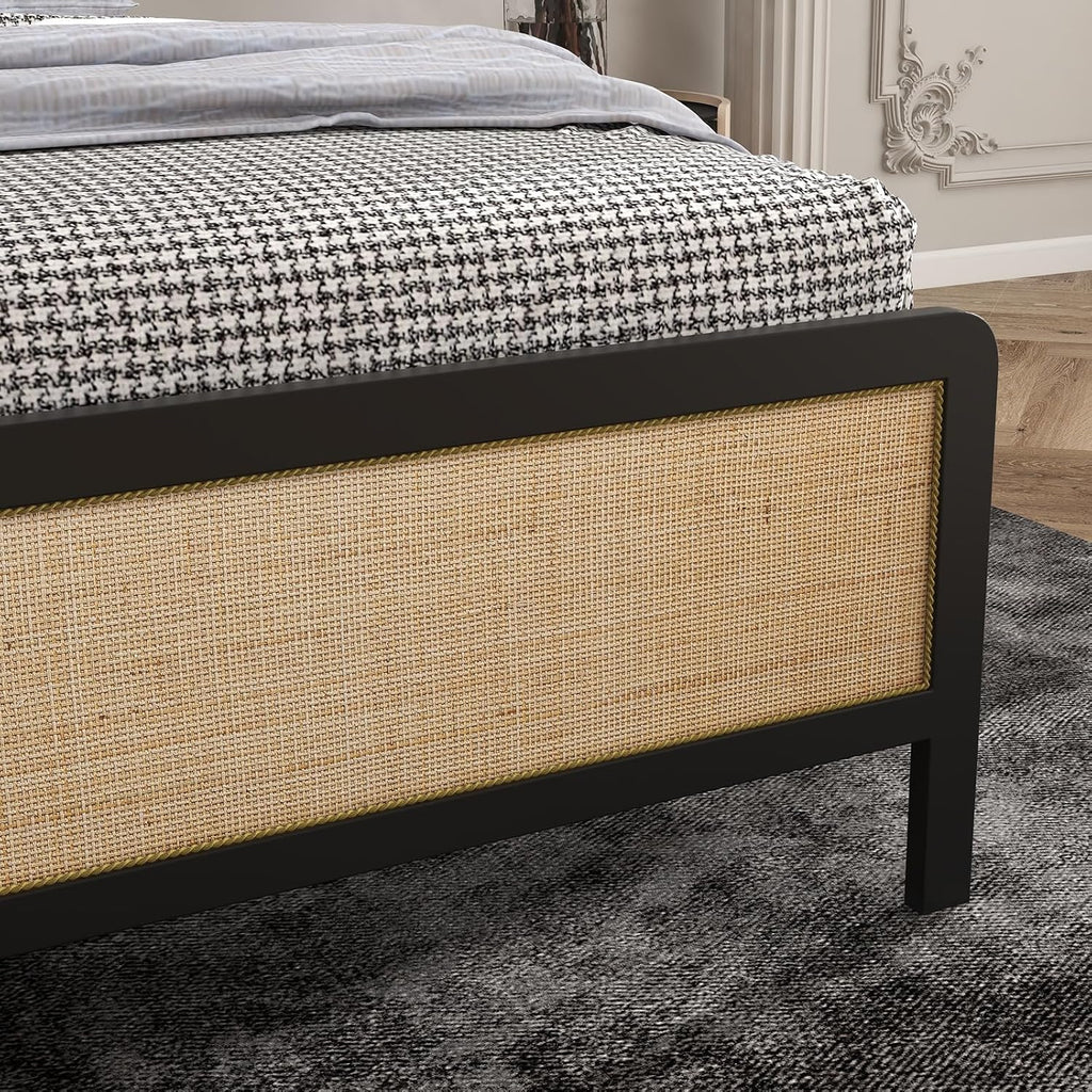 CABIHOME Rattan Queen Size Bed Frame with Natural Cane Headboard, Boho Platform Bed Frame, No Box Spring Needed, Noise-Free, Easy Assembly, Natural