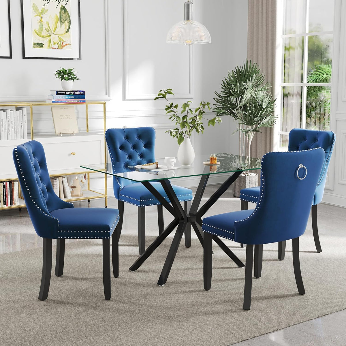 5 Pieces Modern Luxury Glass Dining Set, Minimalist Rectangle Dinner Room Set for 4, 47'' Clear Glass Top Kitchen Table Set with Black Base, Blue Tufted Chairs, for Small Apartment Home