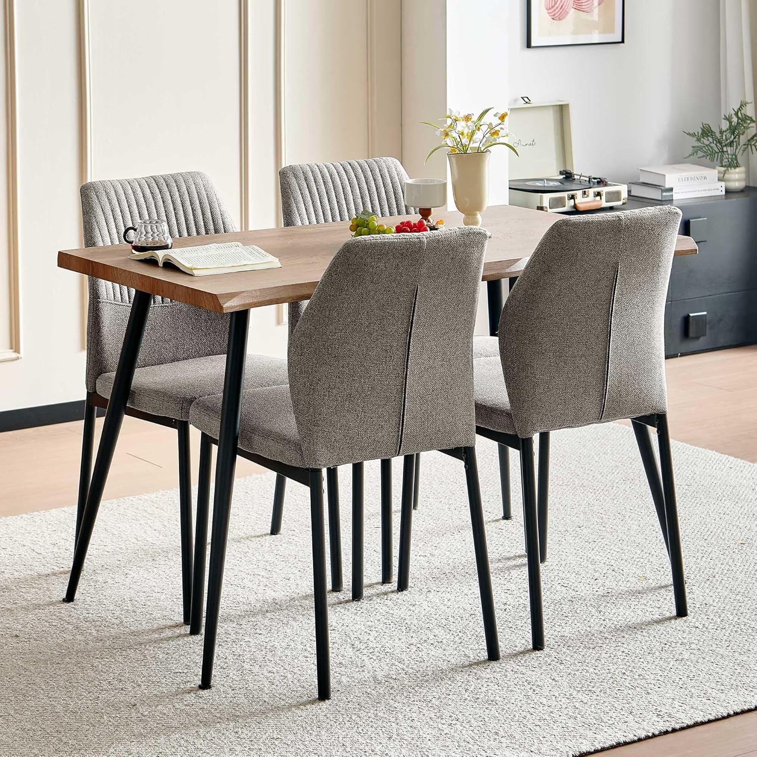 Dining Table Set for 4, Rectangle Dining Room Table Set for Small Spaces, Wood Kitchen Table and Chairs Set, Upholstered Table Chair Set, Light Brown