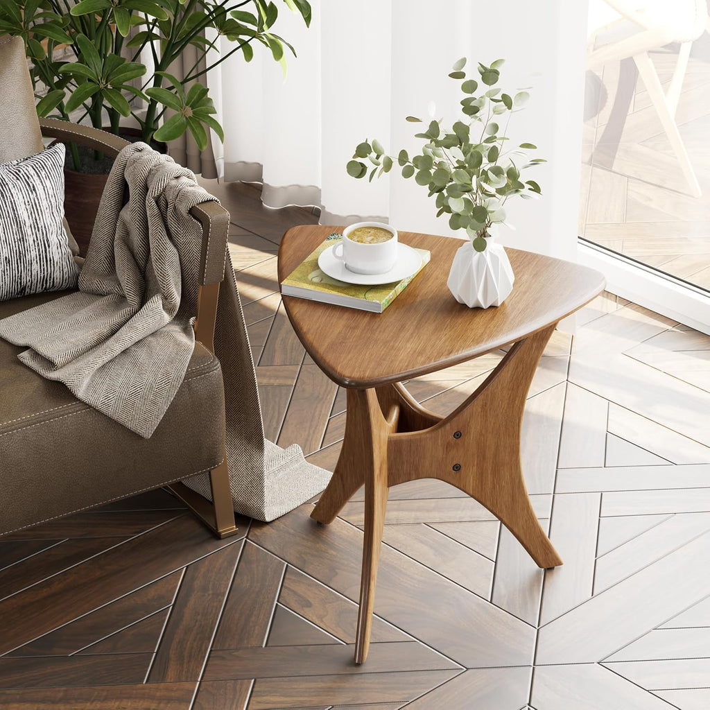 COZAYH Modern Triangle Wood End Table with Cross-Leg Rubberwood Base, Mid-Century Small Accent Side Table for Living Room, Easy Assembly, Natural, Brown