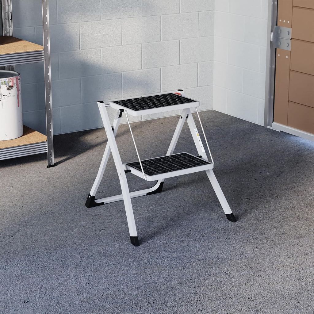 Home Vida 2 Step Ladder Compact, Heavy Duty Steel, Portable Folding, Anti-Slip Mat, Home, Kitchen, DIY, Gardening Step Ladder, 150kg Max Capacity
