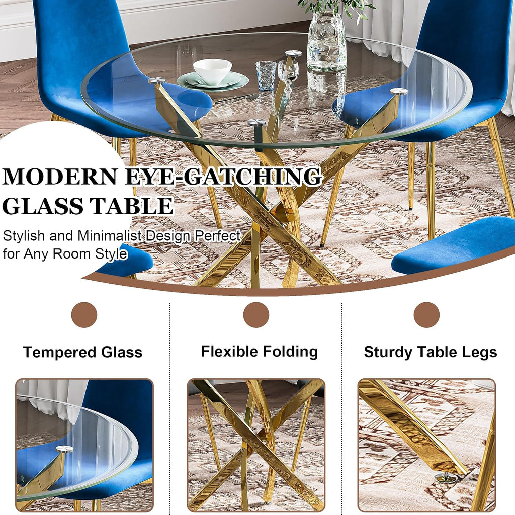 5-Piece Glass Dining Table Set, Modern Round Gold Dining Room Set with Tempered Glass Kitchen Table and 4 Blue Upholstered Chair for Apartment, Living Room