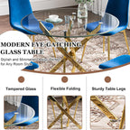 5-Piece Glass Dining Table Set, Modern Round Gold Dining Room Set with Tempered Glass Kitchen Table and 4 Blue Upholstered Chair for Apartment, Living Room