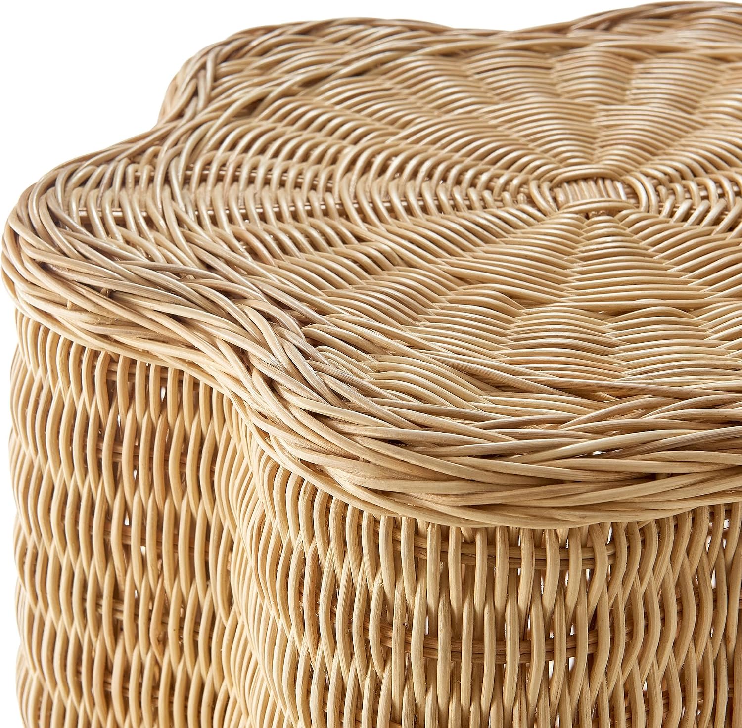 Modway Erika Scalloped Natural Rattan Side Table in Natural – 16 Inch Small Round Accent Stool with Flower-Shaped Top for Living Room, Bedroom, or Covered Patio