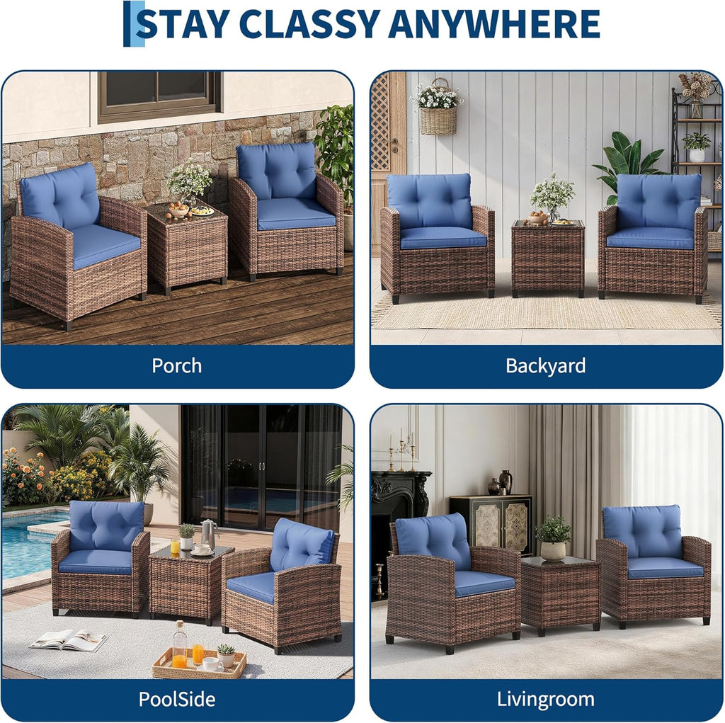 Garvee Outdoor Wicker Chairs,3 Pieces Patio Furniture Set,All Weather High Back Rattan Chairs w/Washable Cushion and Tempered Glass Tabletop for Deck Porch Balcony Backyard Garden,Brown & Blue