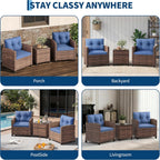 Garvee Outdoor Wicker Chairs,3 Pieces Patio Furniture Set,All Weather High Back Rattan Chairs w/Washable Cushion and Tempered Glass Tabletop for Deck Porch Balcony Backyard Garden,Brown & Blue