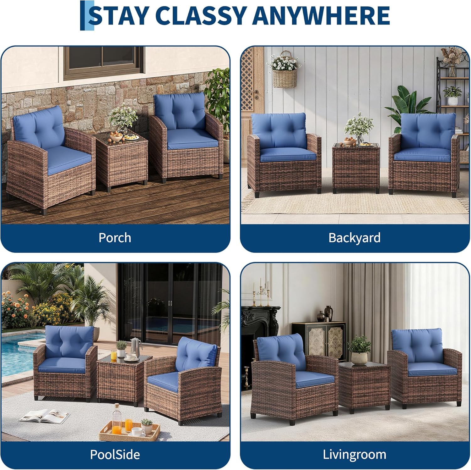 Garvee Outdoor Wicker Chairs,3 Pieces Patio Furniture Set,All Weather High Back Rattan Chairs w/Washable Cushion and Tempered Glass Tabletop for Deck Porch Balcony Backyard Garden,Brown & Blue