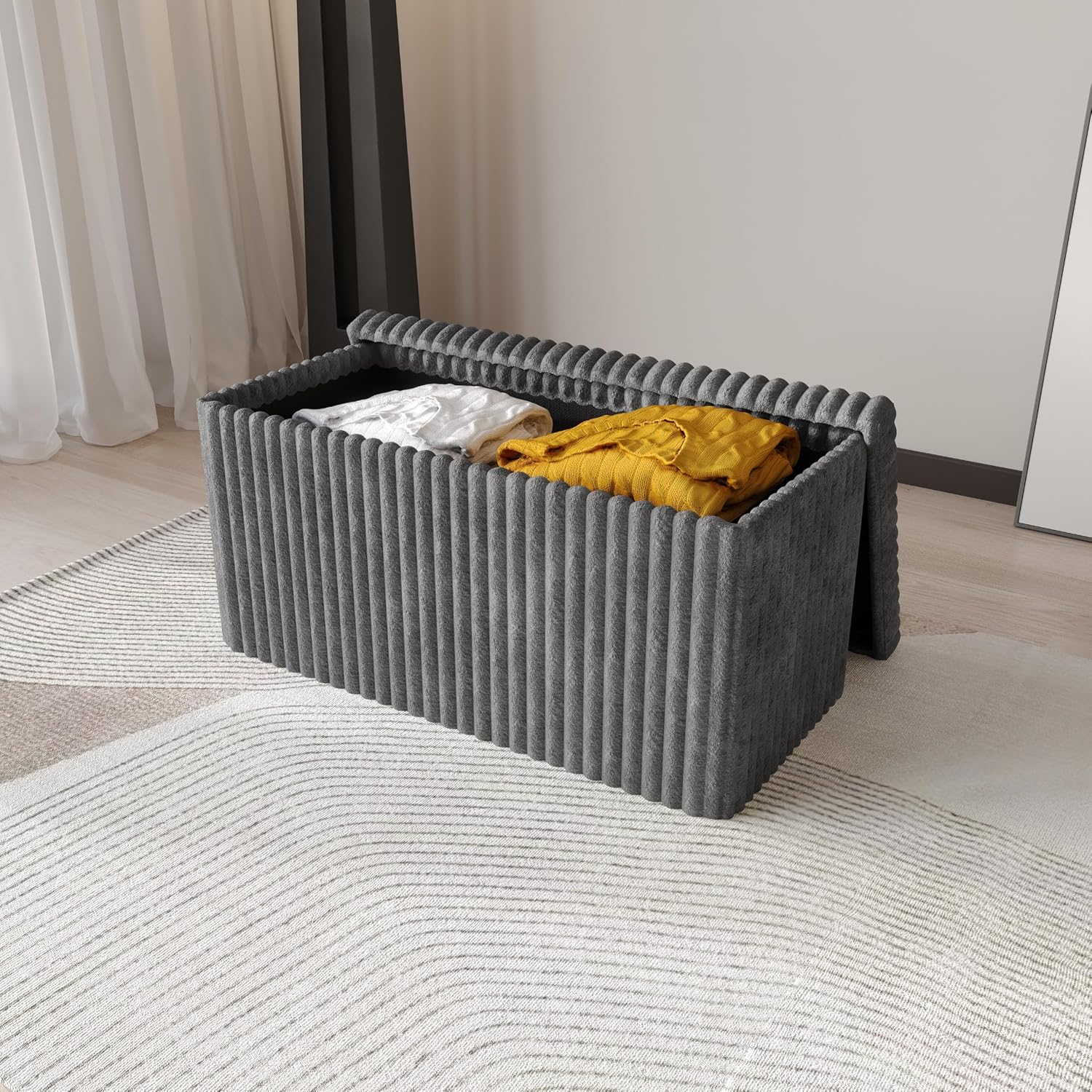 HOME DESIGN Florence 30" Upholstered Folding Storage Bench, Tufted Top, Space-Saving Storage, Gray Corduroy Fabric