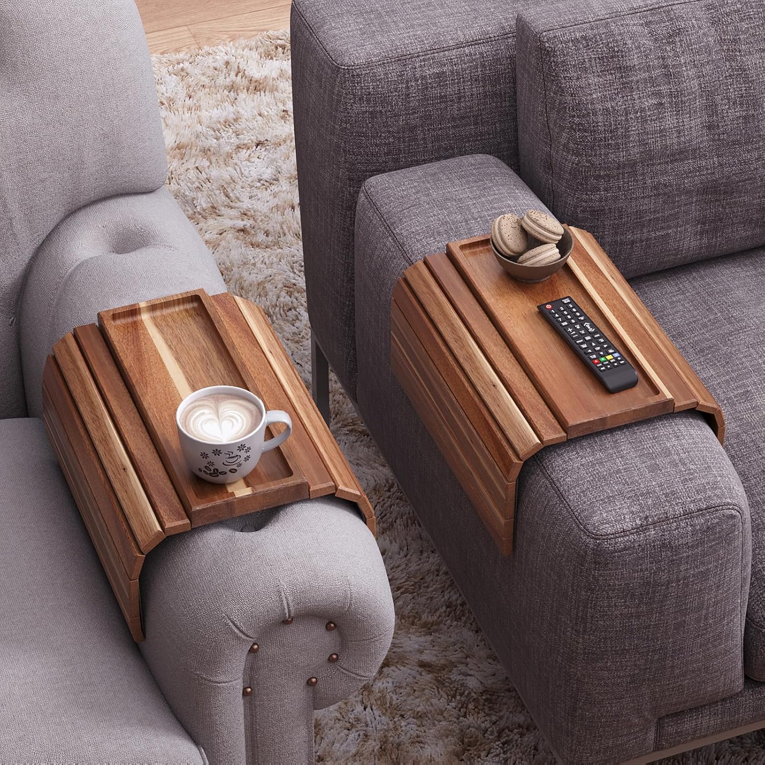 Sofa Arm Tray,Acacia Wood Folding Couch Arm Tray,Sofa Armrest Trays with Anti-Slip Pad for Drinks,Snacks,Phone,Remote Control 2 PC