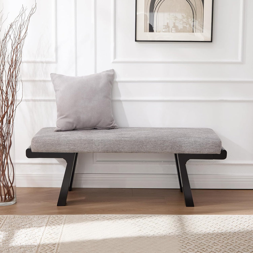 Zesthouse Solid Wood Bench for Bedroom End of Bed, Upholstered Small Entryway Bench with Cushion, 47" Grey Linen Ottoman Bench with Black Wood Legs, Modern Dining Bench Seat, for Indoor Living Room