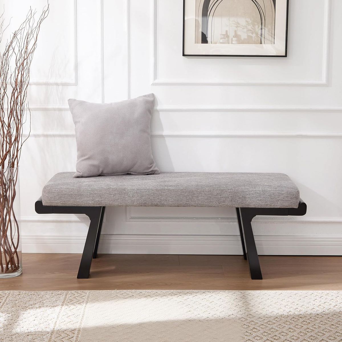 Zesthouse Solid Wood Bench for Bedroom End of Bed, Upholstered Small Entryway Bench with Cushion, 47" Grey Linen Ottoman Bench with Black Wood Legs, Modern Dining Bench Seat, for Indoor Living Room