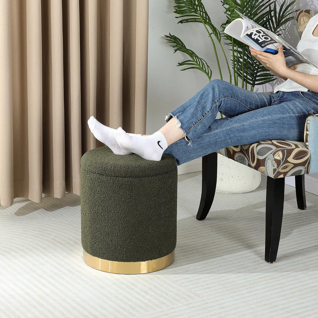 Joveco Boucle Round Ottoman with Storage,Vanity Stool with Storage for Bedroom, Ottoman Coffee Table,Small Boucle Foot Stool for Living Room, Dark Moss Green with Gold Plating
