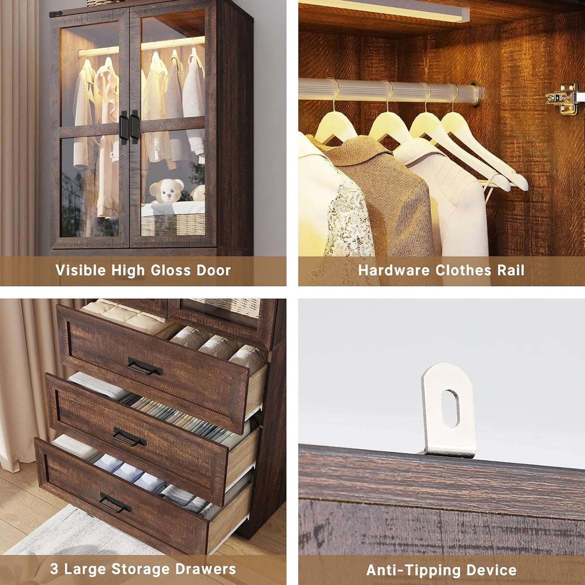 75" Tall Farmhouse 2 Doors Armoire Wardrobe Closet with 3 Drawers and LED,Freestanding Closet Wardrobe Cabinet for Bedroom with Hanging Rod,Wooden Armoire Storage Cabinet with Adjustable shelve(Brown)
