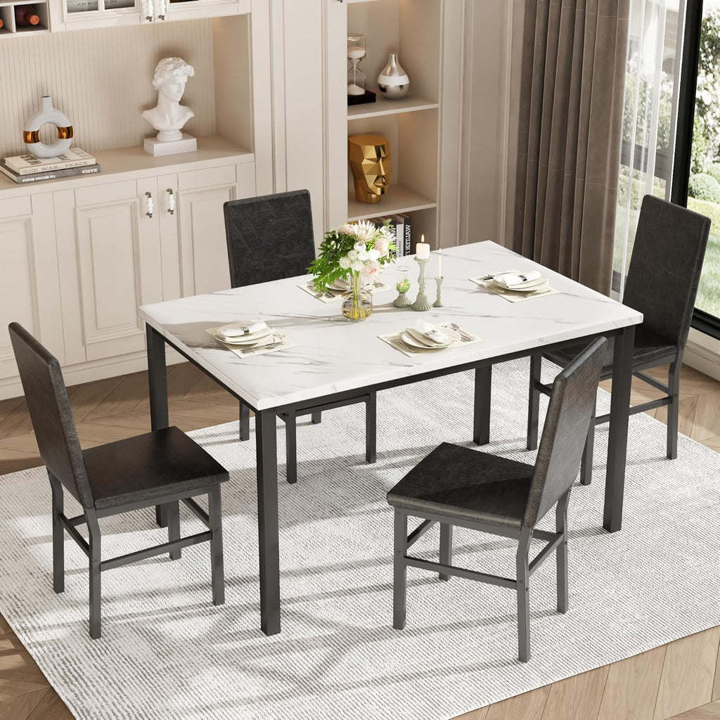 Dining Table Set for 4, 5-Piece Faux Marble Dining Set,4 Upholstered PU Chairs, Modern Kitchen Table Furniture for Dining Room,Compact Space-Saving Faux Marble Tabletop (White + Black)