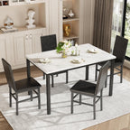 Dining Table Set for 4, 5-Piece Faux Marble Dining Set,4 Upholstered PU Chairs, Modern Kitchen Table Furniture for Dining Room,Compact Space-Saving Faux Marble Tabletop (White + Black)