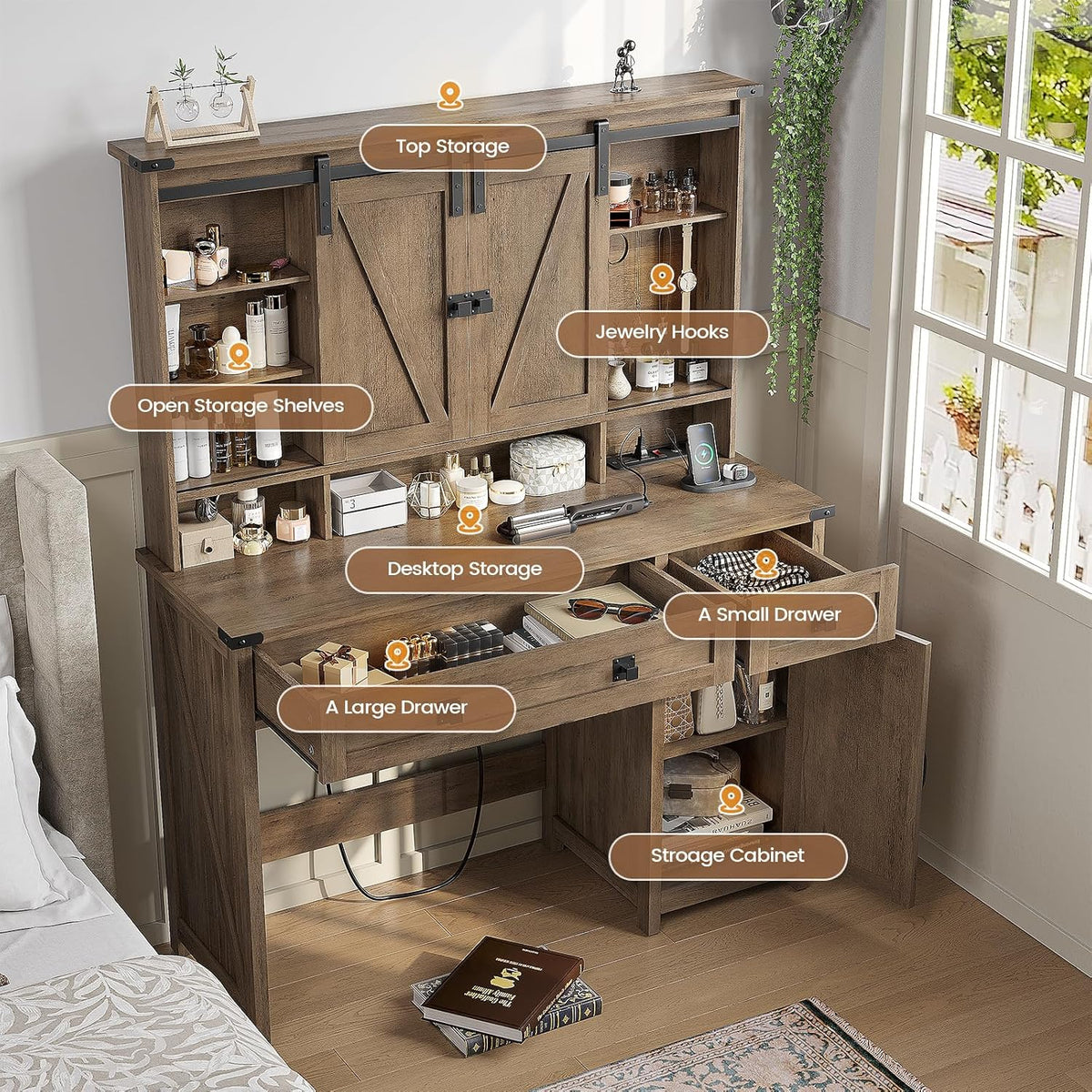 AOGLLATI Makeup Vanity with Lights & Barn Doors, Vanity Desk with Mirror and Lights & Charging Station, Farmhouse Brown Vanity Table with Jewelry Hooks and Open Storage Shelves