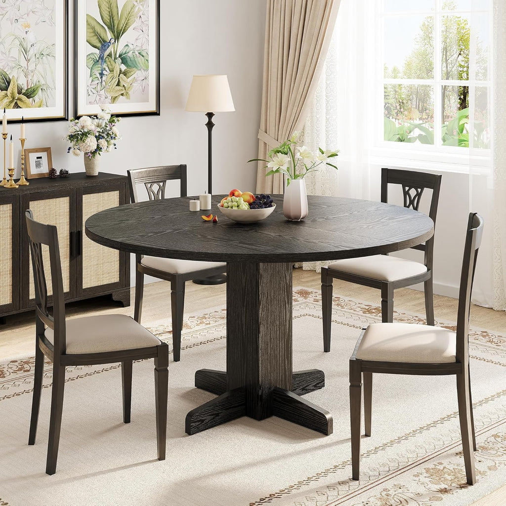 IDEALHOUSE Round Dining Table for 4-6 People, 47" Wood Kitchen Table with Sturdy Pedestal Base, Farmhouse Circle Dinner Tables for Dining Room, Living Room, Apartment, Black