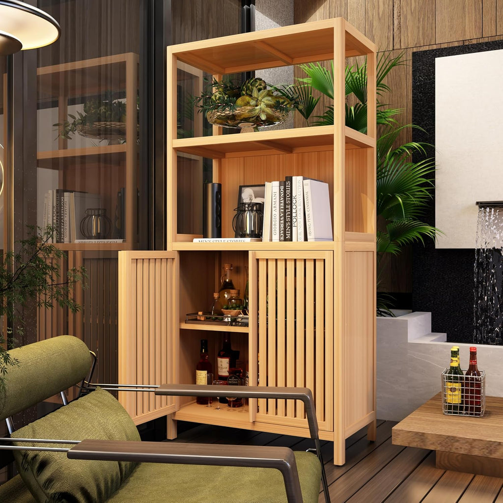 Tall Pantry Storage Cabinet, Bookcase Display Cabinet with Rattan Doors and Shelves, Food Pantry Storage Cabinet for Living Room, Dining Room, Kitchen (Neutral)