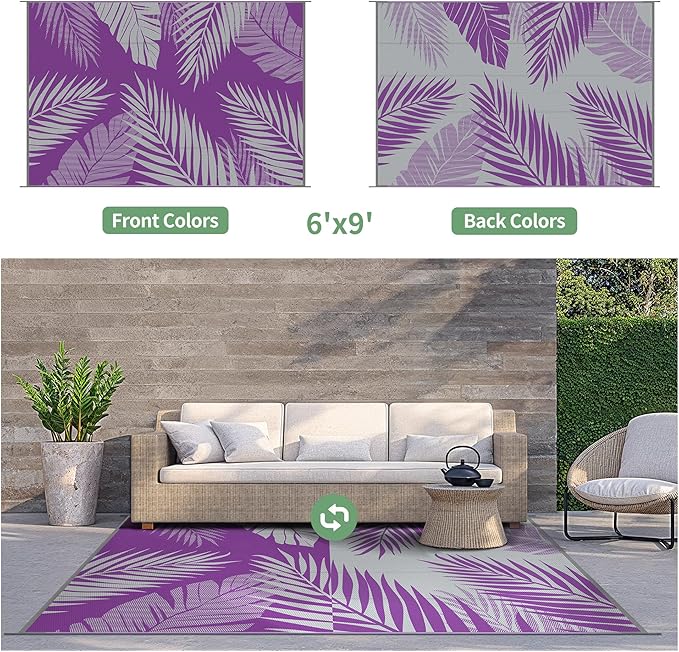 GENIMO Outdoor Rug 6' x 9' Waterproof for Patios Clearance, Reversible Plastic Straw Camping Carpet, Large Area Rugs Mats for RV, Picnic, Backyard, Deck, Balcony, Porch, Beach, Purple&Grey