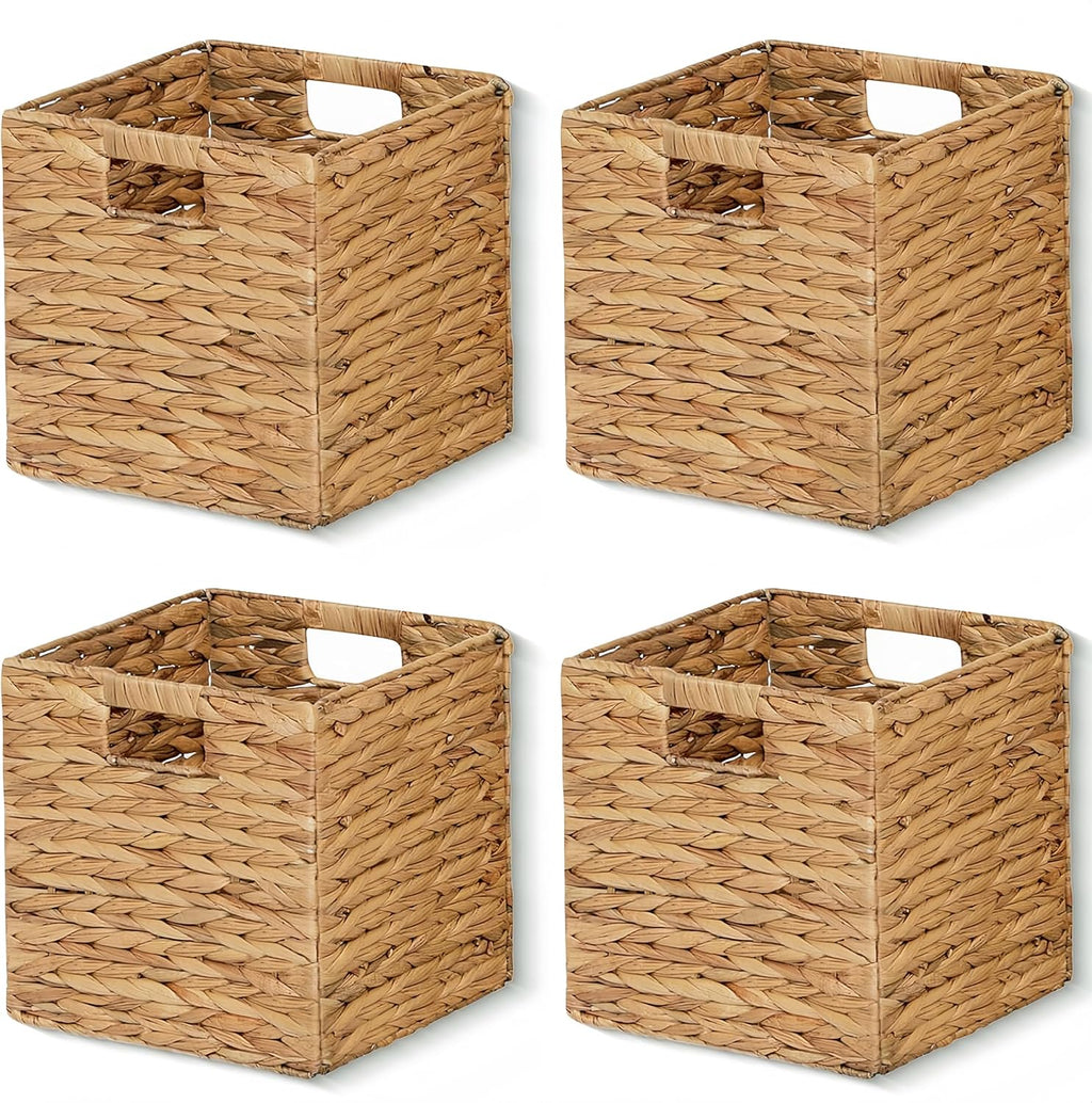 11 x 11 x 11 in Woven Storage Baskets,Set of 4 Wicker Cubes Baskets,Natural | Foldable Water Hyacinth Baskets,Handwoven Storage Baskets for Shelves,Kitchen or Outdoor